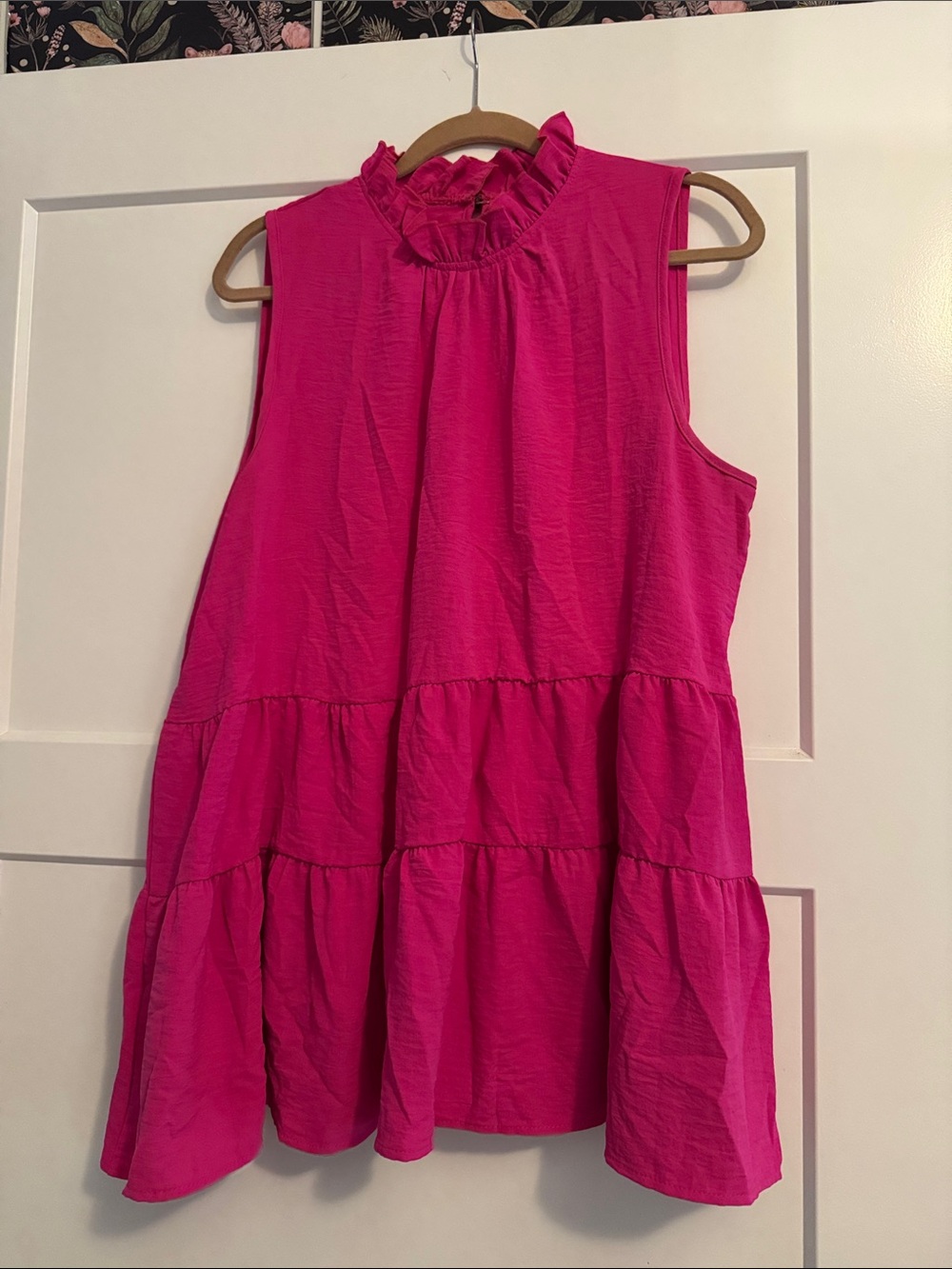 entro Hot Pink Sleeveless Ruffle Neck Tiered Blouse